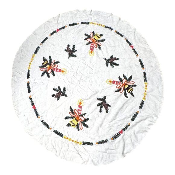 Vtg Round Christmas Tablecloth Festive Embroidery Needlepoint Candle Bell 43" - Picture 1 of 5